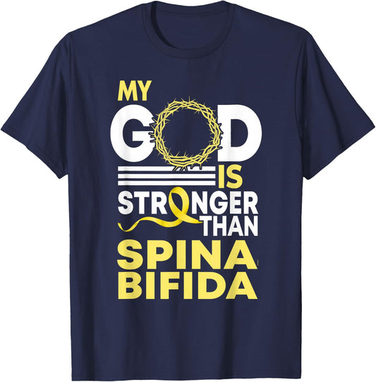 My God Is Stronger Than Spina Bifida Awareness Ribbon T-Shirt - T-Shirt | Navy