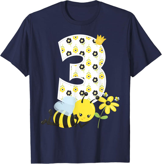 3rd Birthday Girl Bee Theme Bday 3 Year Old Matching Part T-Shirt - T-Shirt | Navy