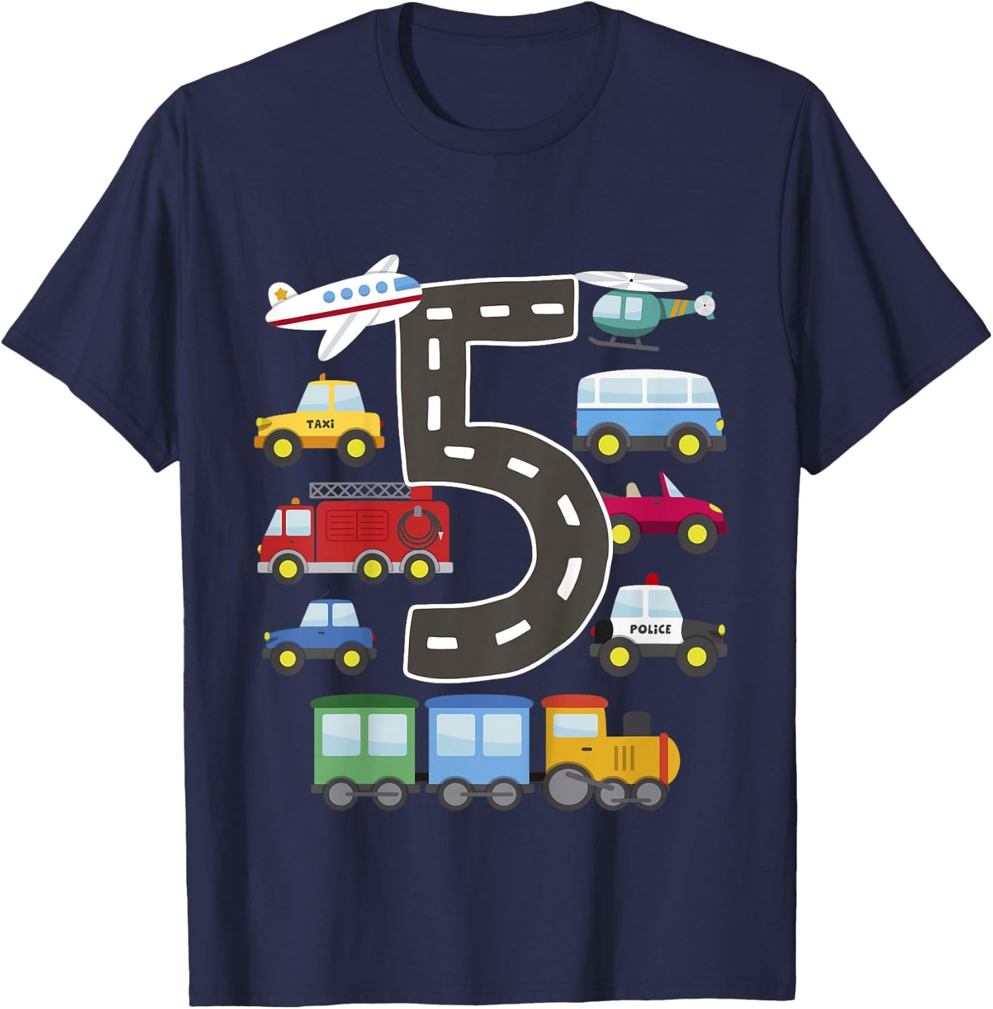 5 Year Old Transportation Birthday Car Train Plane 5th Gift T-Shirt - T-Shirt | Navy