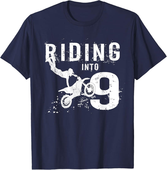 Riding Into 9 Years Old 9th Birthday Boy Dirt Bike Party T-Shirt - T-Shirt | Navy