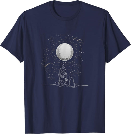 Full Moon Cat Stargazing Cool Lunar Sphere Stargazer Gift T-Shirt - T-Shirt | Navy