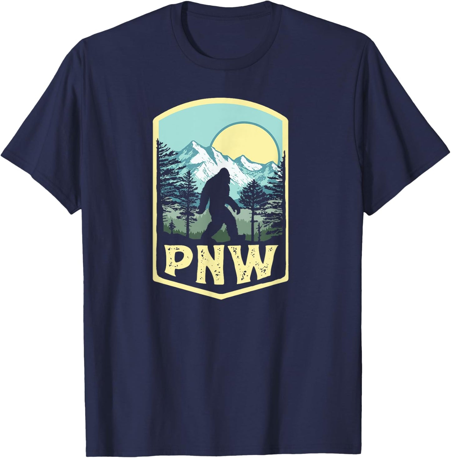 Vintage PNW Bigfoot Outdoor Badge Mountains & Trees T-Shirt - T-Shirt | Navy