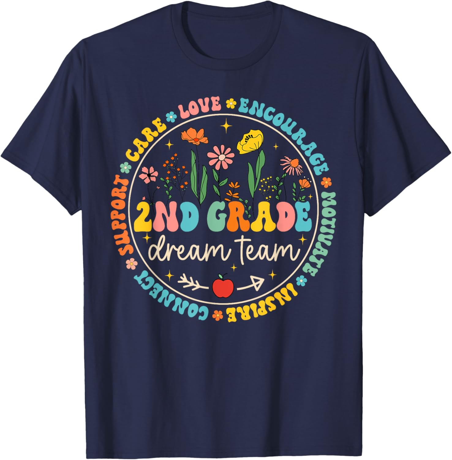 2nd Grade Dream Team Back To School Teacher Care Love Floral Men Women Girls Kids T-Shirt - T-Shirt | Navy