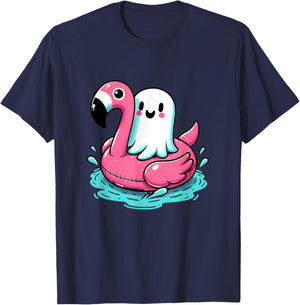 spooky flamingo ghost Pool Funny Spooky Summer Summerween Women Kids T-Shirt - T-Shirt | Navy