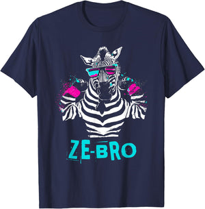 Ze-Bro - Retro Zebra Bro Flex Animal Word Pun Lover T-Shirt - T-Shirt | Navy
