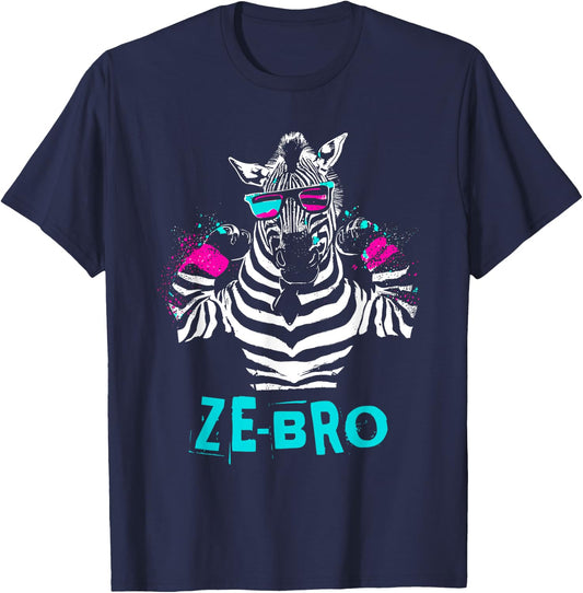 Ze-Bro - Retro Zebra Bro Flex Animal Word Pun Lover T-Shirt - T-Shirt | Navy