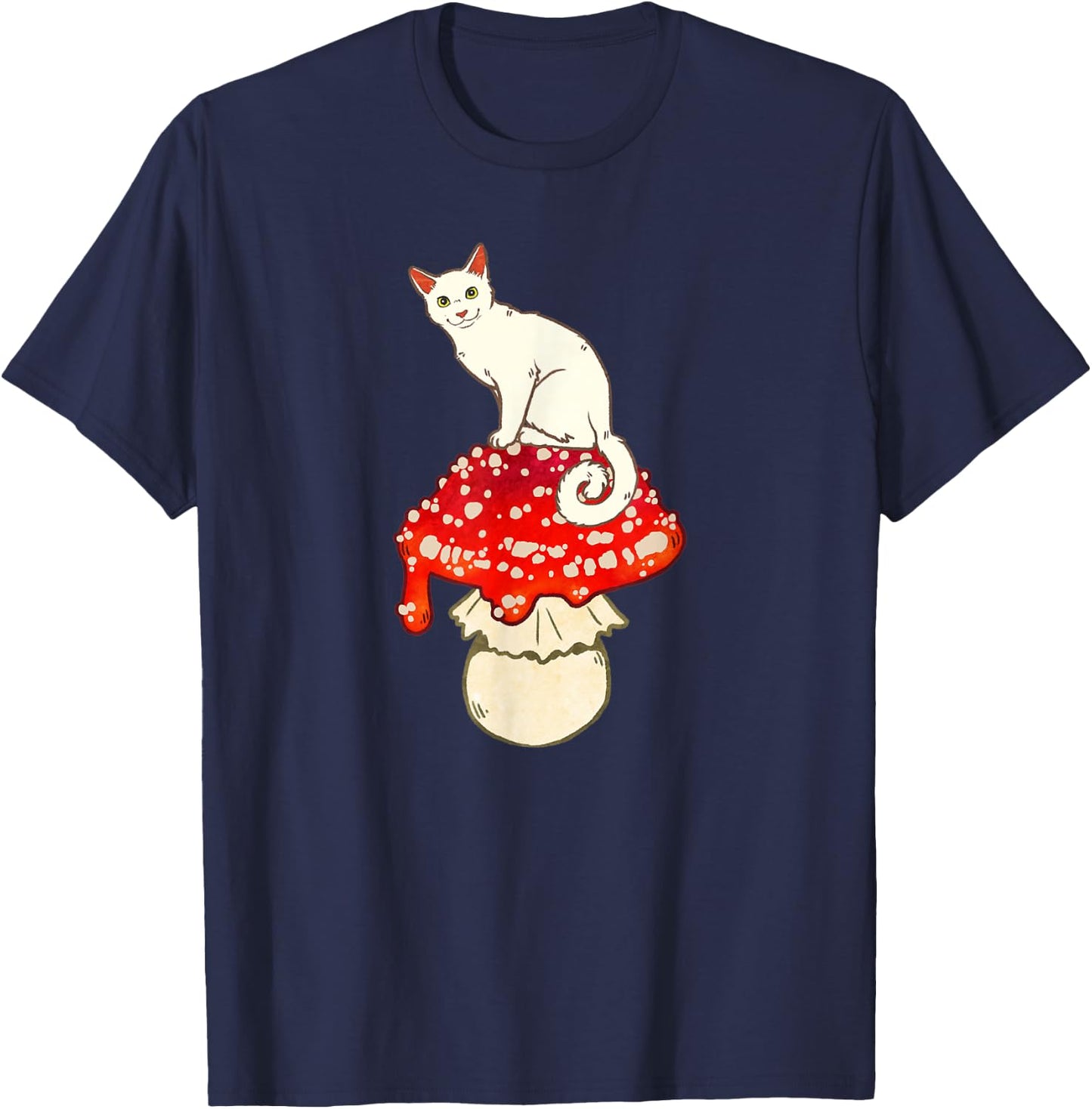 Cute White Cat Sitting on Red Spotted Mushroom T-Shirt - T-Shirt | Navy