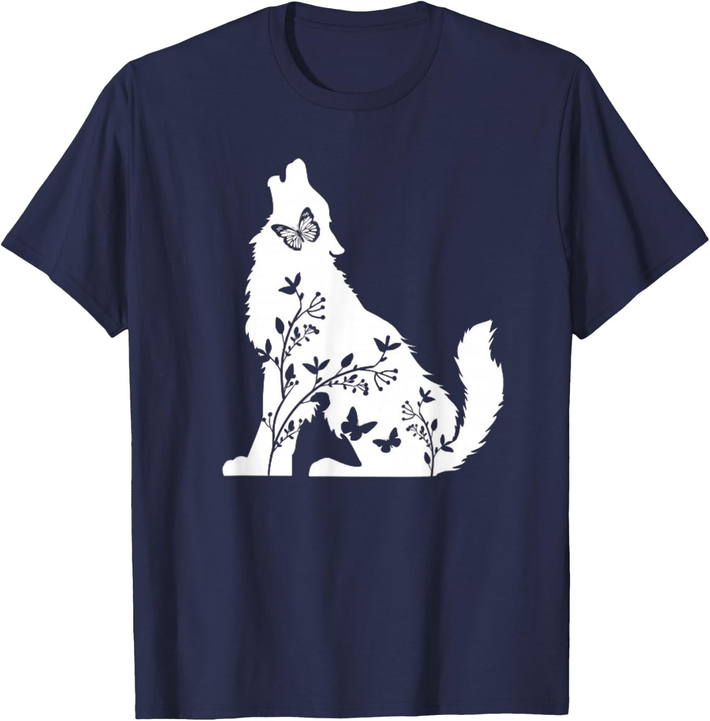 Wolf and Butterflies Cute Graphic Wolves Women Girls T-Shirt - T-Shirt | Navy