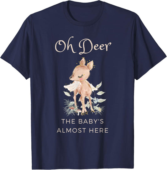 Oh Deer The Baby's Almost Here Funny Woodland Baby Shower T-Shirt - T-Shirt | Navy