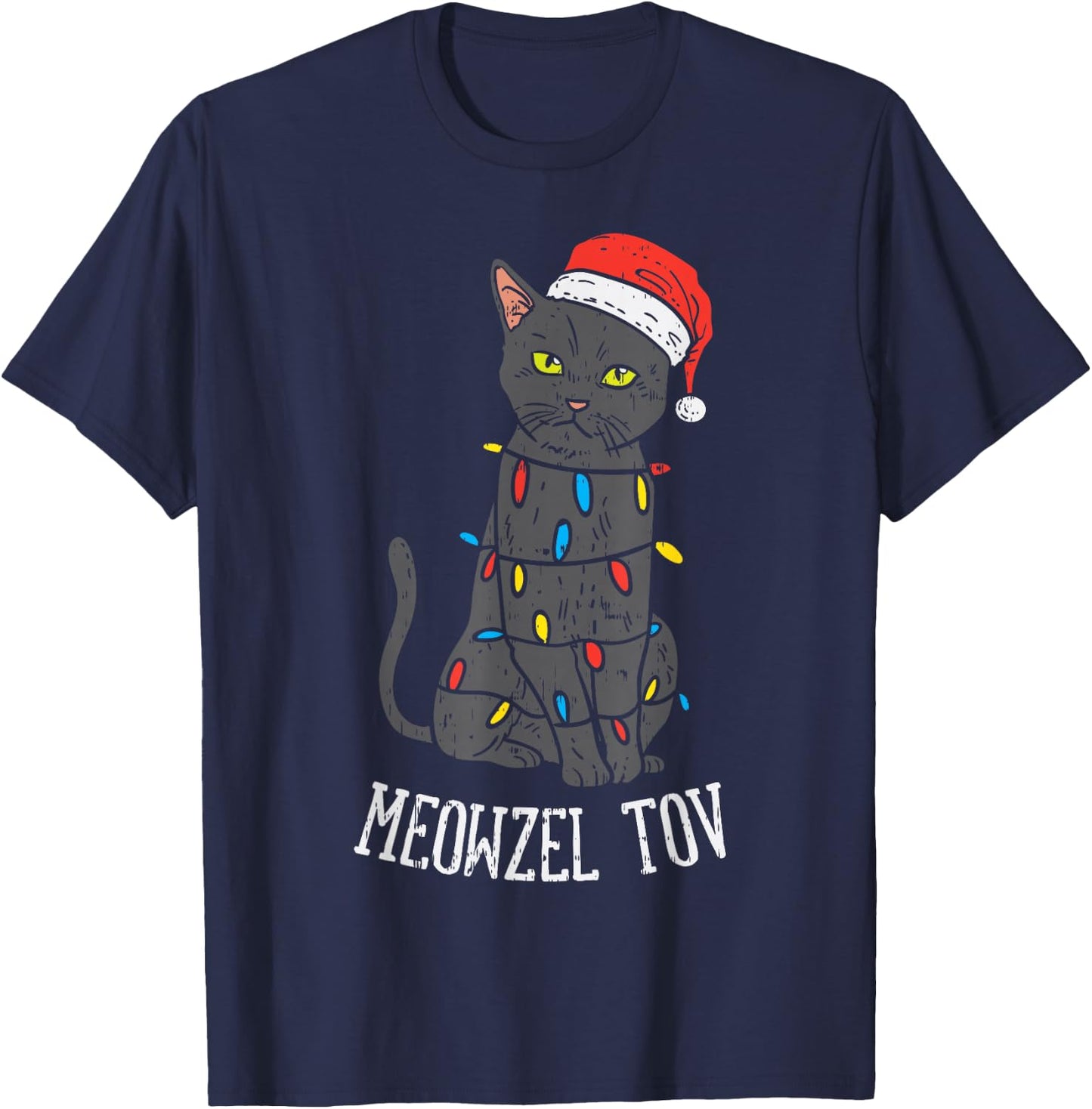 Meowzel Tov Hanukkah Black Cat Christmas Lights Pet Gift T-Shirt - T-Shirt | Navy