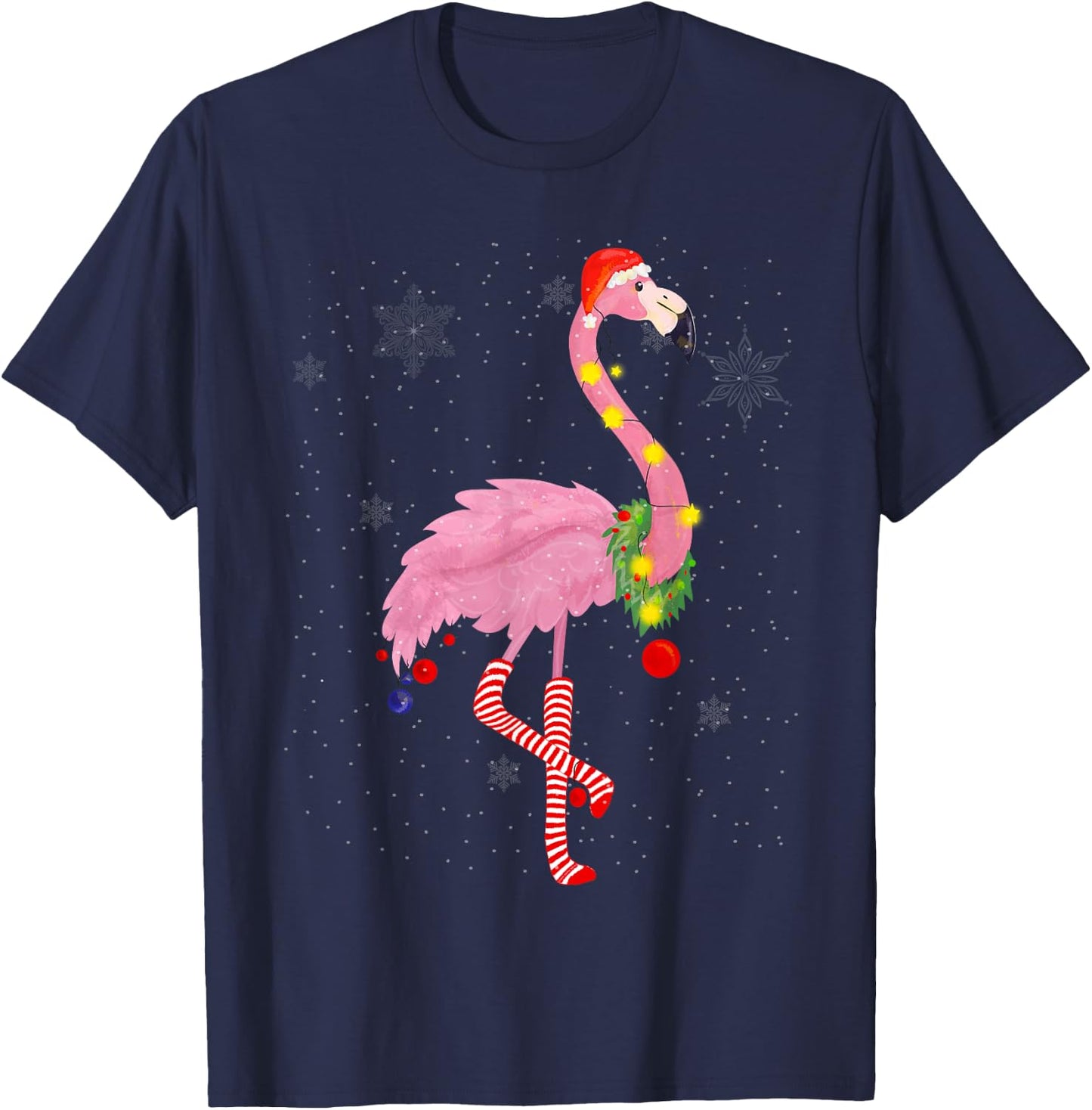 Cute Pink Flamingo with Snow, Lights and Santa Hat Christmas T-Shirt - T-Shirt | Navy
