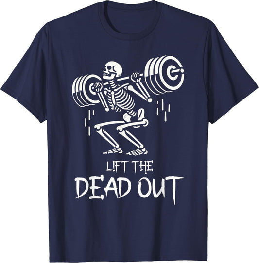 Lift the Dead Funny Halloween Workout Weight Lift Skeleton T-Shirt - T-Shirt | Navy