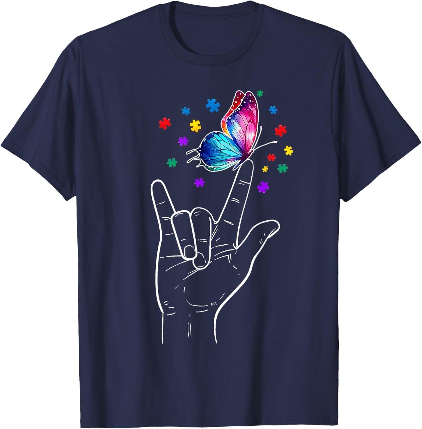 I Love You Hand Sign Language Butterfly Autism Awareness T-Shirt - T-Shirt | Navy
