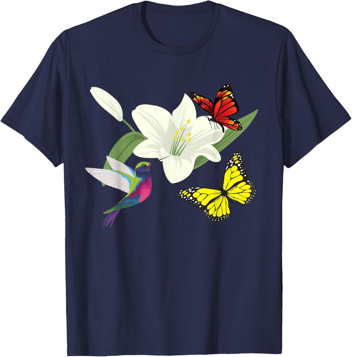 Hummingbird and butterflies in a flower T-Shirt - T-Shirt | Navy