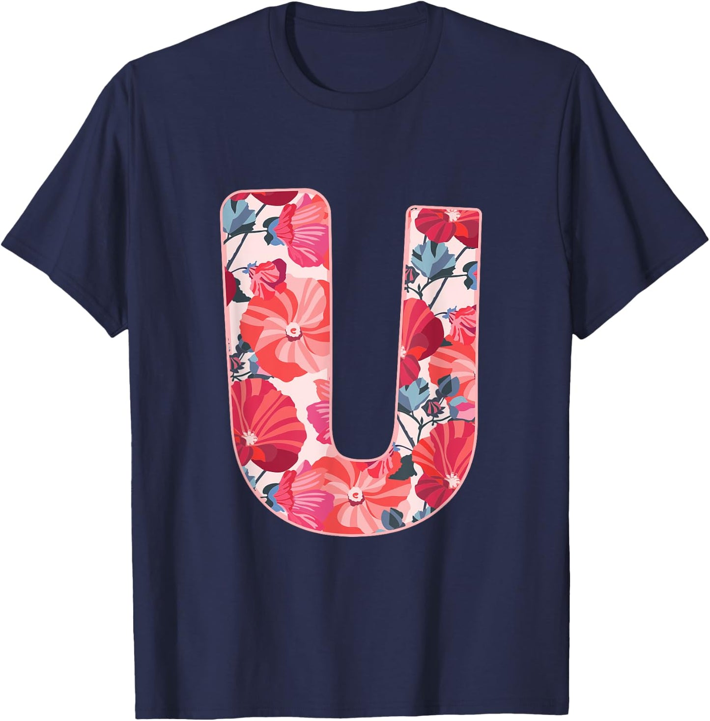 Letter U Sign Alphabet Last Name Vowels Flower Nature Gift T-Shirt - T-Shirt | Navy