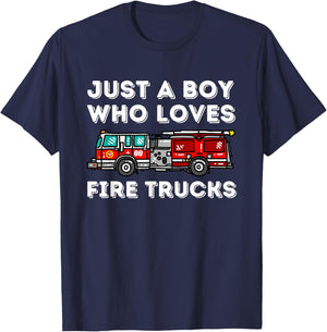 Just A Boy Who Loves Fire Trucks Future Firefighter Fireman T-Shirt - T-Shirt | Navy