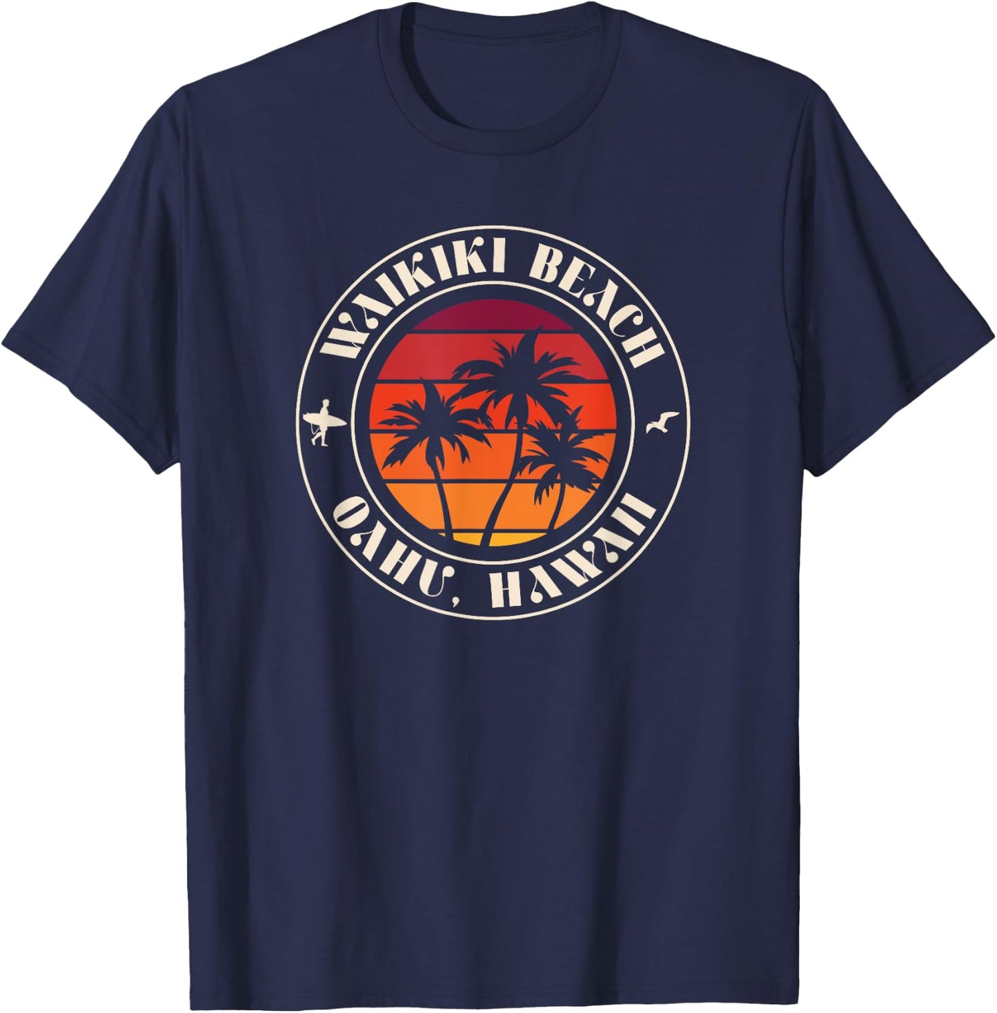 Hawaii Oahu Sunset Surfer and Seagull Waikiki Beach Women Kids T-Shirt - T-Shirt | Navy
