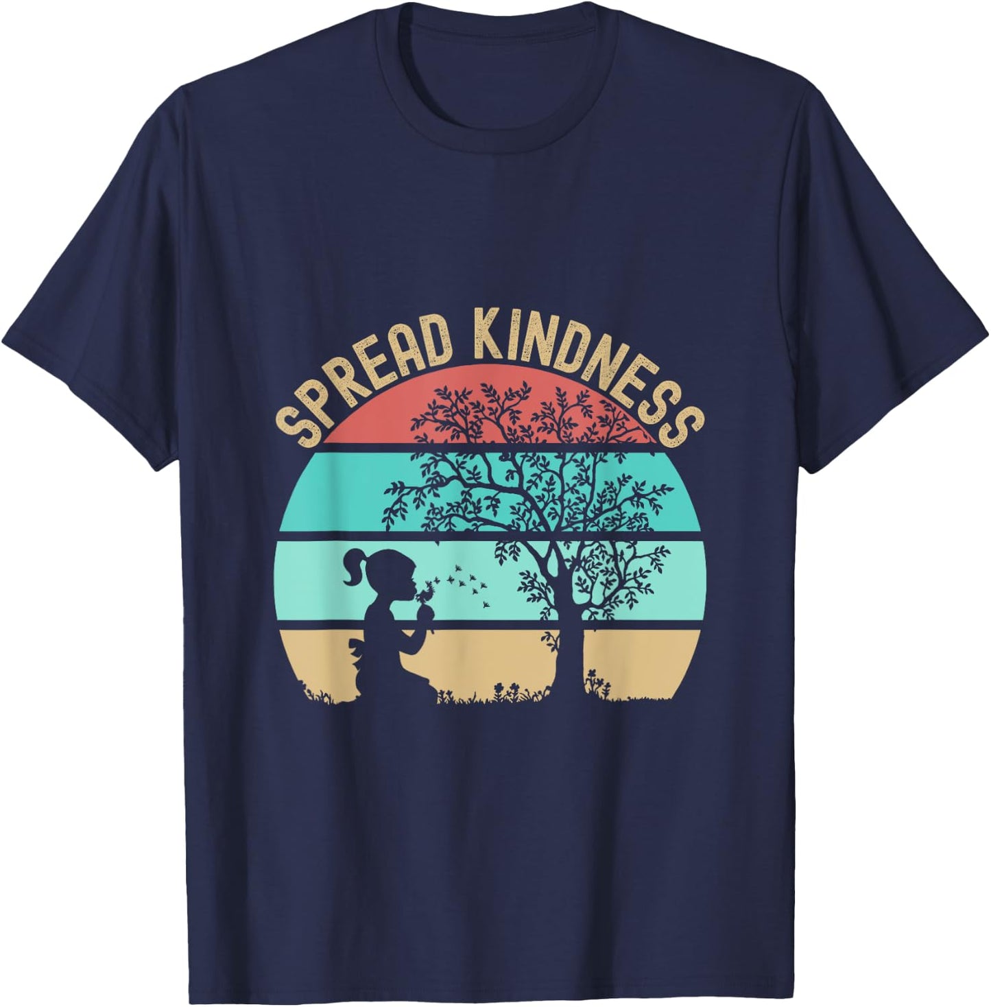 Spread Kindness Dandelions Girl Tree Retro Sunset T-Shirt - T-Shirt | Navy