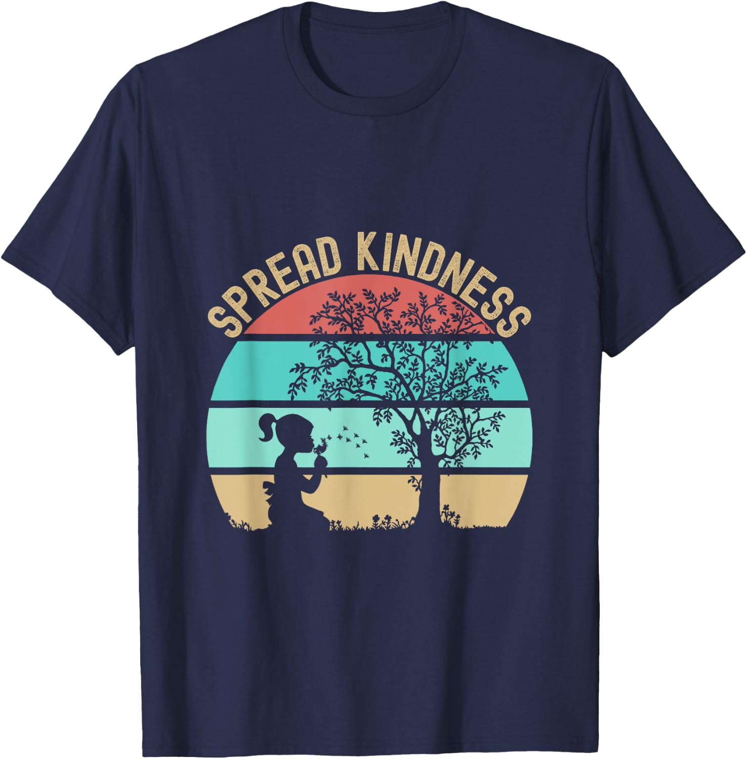 Spread Kindness Dandelions Girl Tree Retro Sunset T-Shirt - T-Shirt | Navy