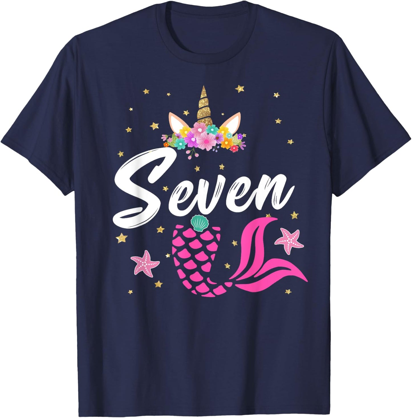 7th Birthday Girl Unicorn Shirt Mermaid Tail 7 Years Old T-Shirt - T-Shirt | Navy