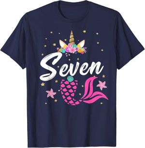 7th Birthday Girl Unicorn Shirt Mermaid Tail 7 Years Old T-Shirt - T-Shirt | Navy