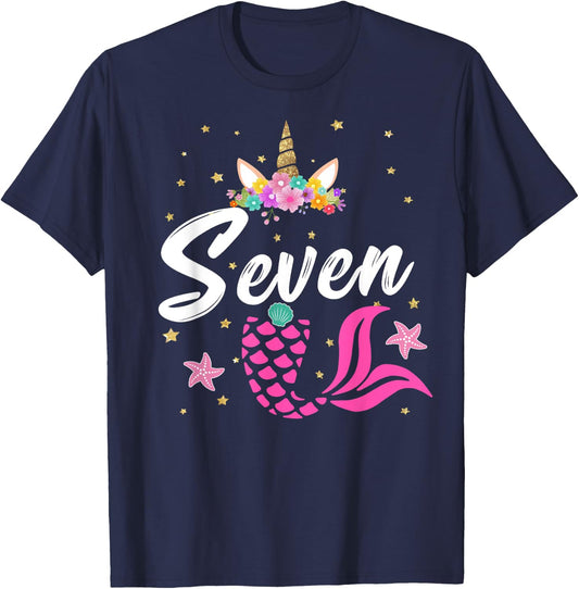 7th Birthday Girl Unicorn Shirt Mermaid Tail 7 Years Old T-Shirt - T-Shirt | Navy