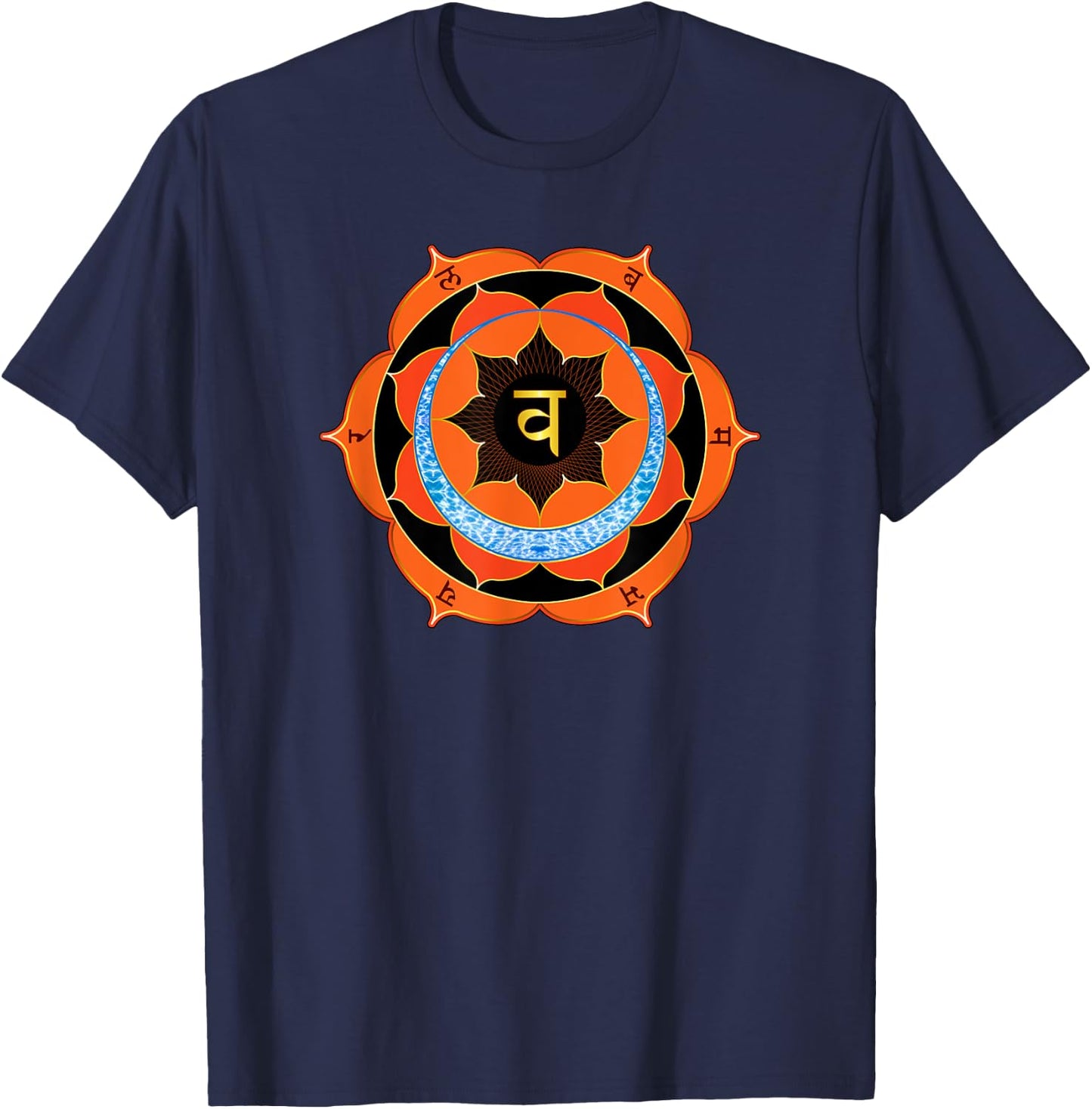 Orange Sacral Chakra with Yoga Symbols and Mantras T-Shirt - T-Shirt | Navy