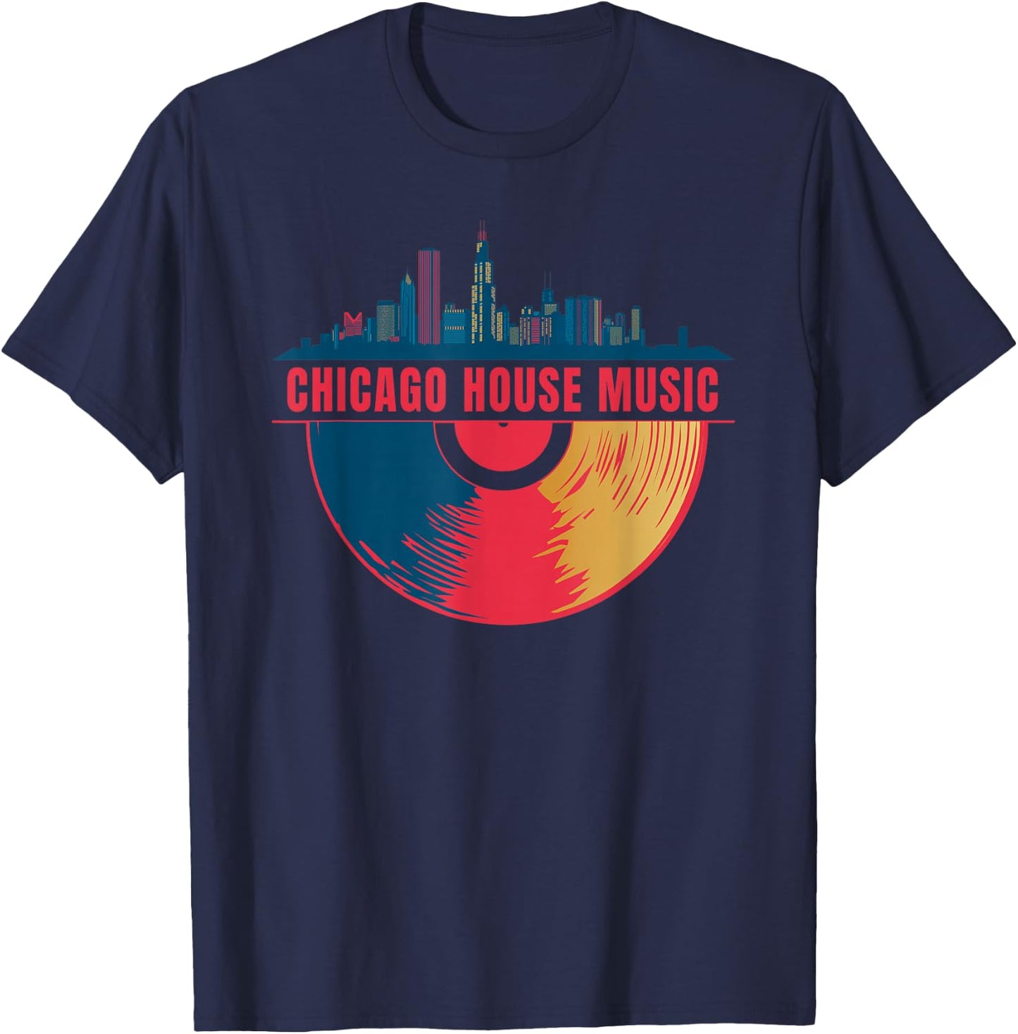 Chicago House Music Vinyl Dj Raver Flag Skyline Apparel T-Shirt - T-Shirt | Navy