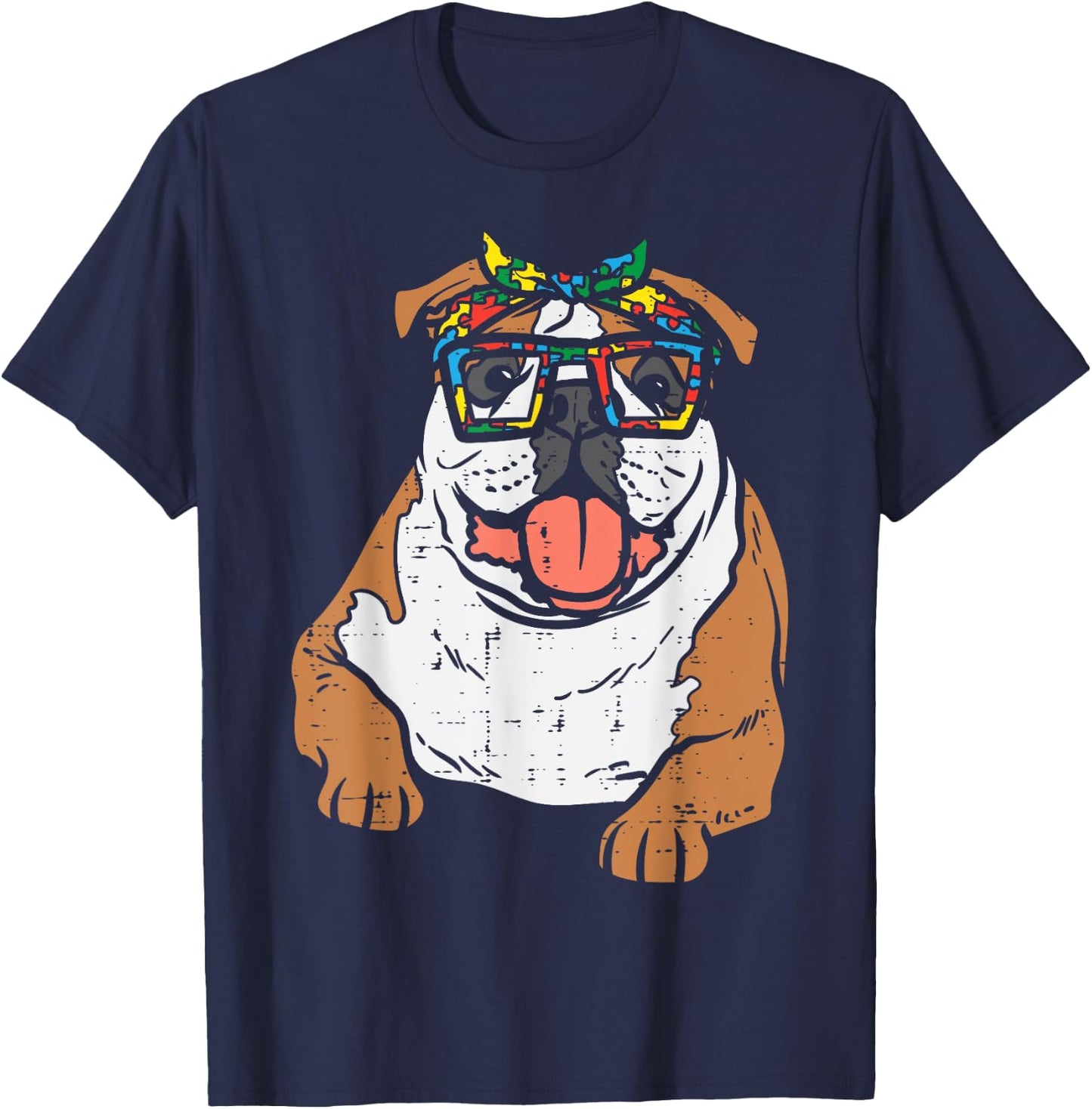 English Bulldog Puzzle Bandana Glasses Autism Awareness Dog T-Shirt - T-Shirt | Navy