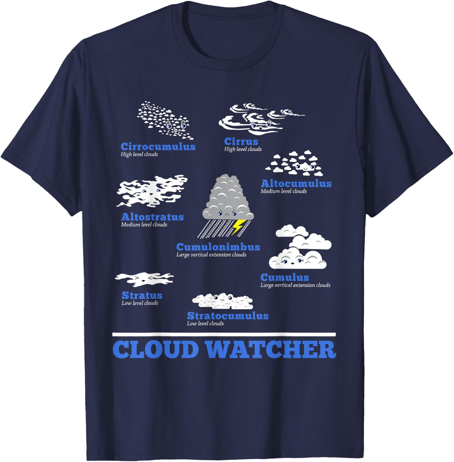 Cloud Watcher Cloud Types Science Student Teacher Cute Faces Women Girls Kids T-Shirt - T-Shirt | Navy