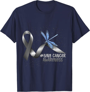 Dragonfly White Ribbon Lung Cancer Awareness T-Shirt - T-Shirt | Navy