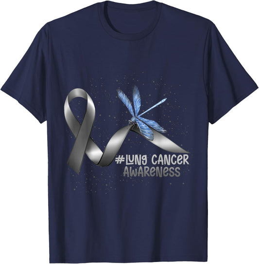 Dragonfly White Ribbon Lung Cancer Awareness T-Shirt - T-Shirt | Navy
