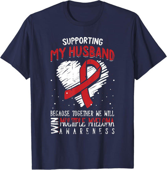 My Husband Multiple Myeloma Awareness Ribbon Warrior Gifts T-Shirt - T-Shirt | Navy
