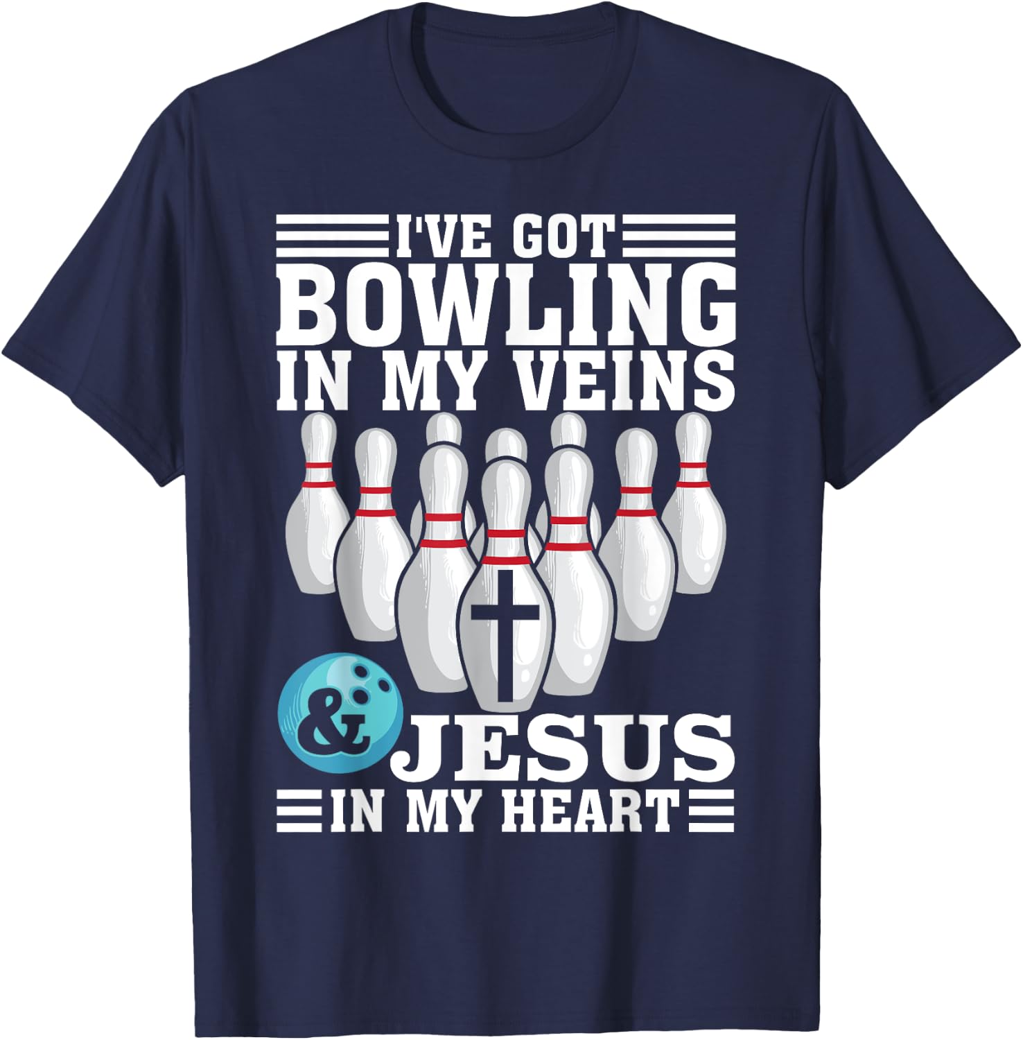 Funny Bowling Gift Women Cute Bowler And Jesus Love T-Shirt - T-Shirt | Navy