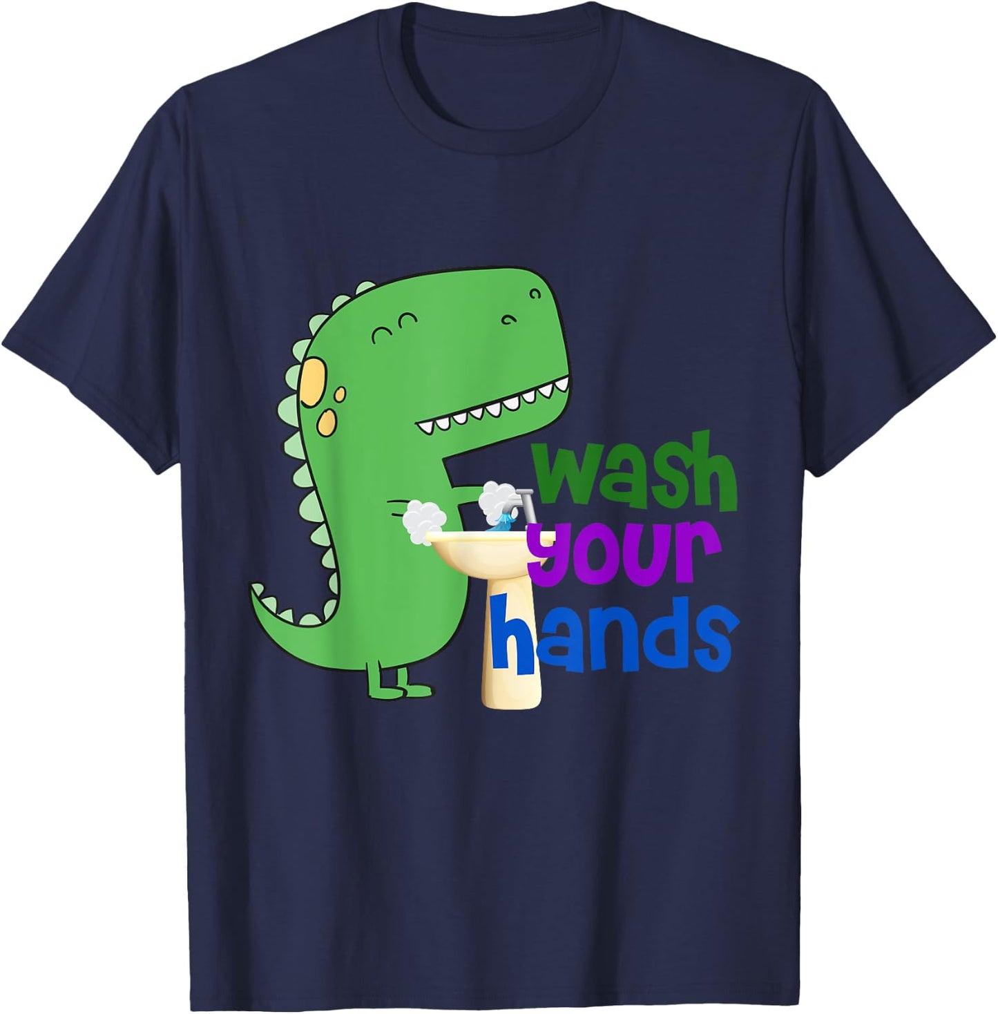 Cute Dino T-Rex Wash Your Hands T-Shirt - T-Shirt | Navy