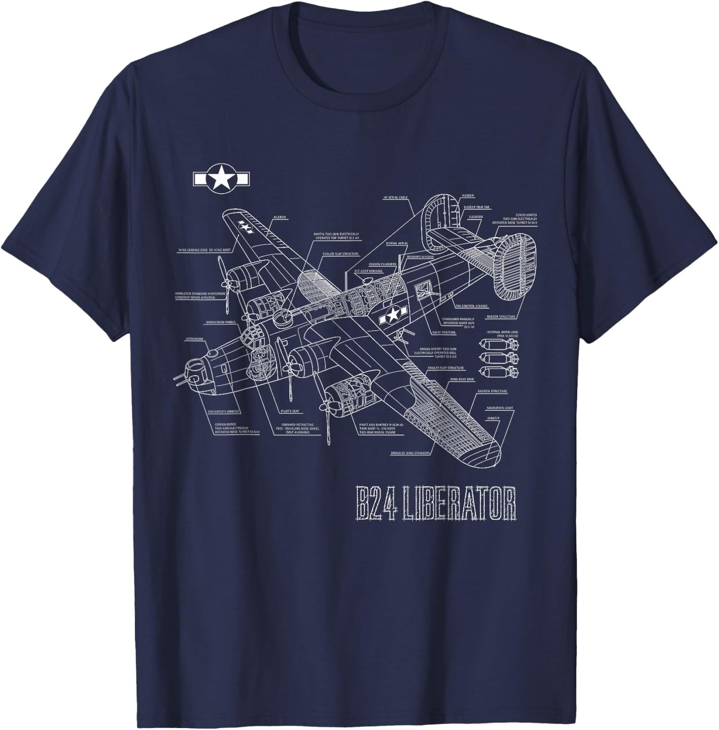 World War 2 Aircraft Blueprint WWII B24 Liberator Bomber T-Shirt - T-Shirt | Navy