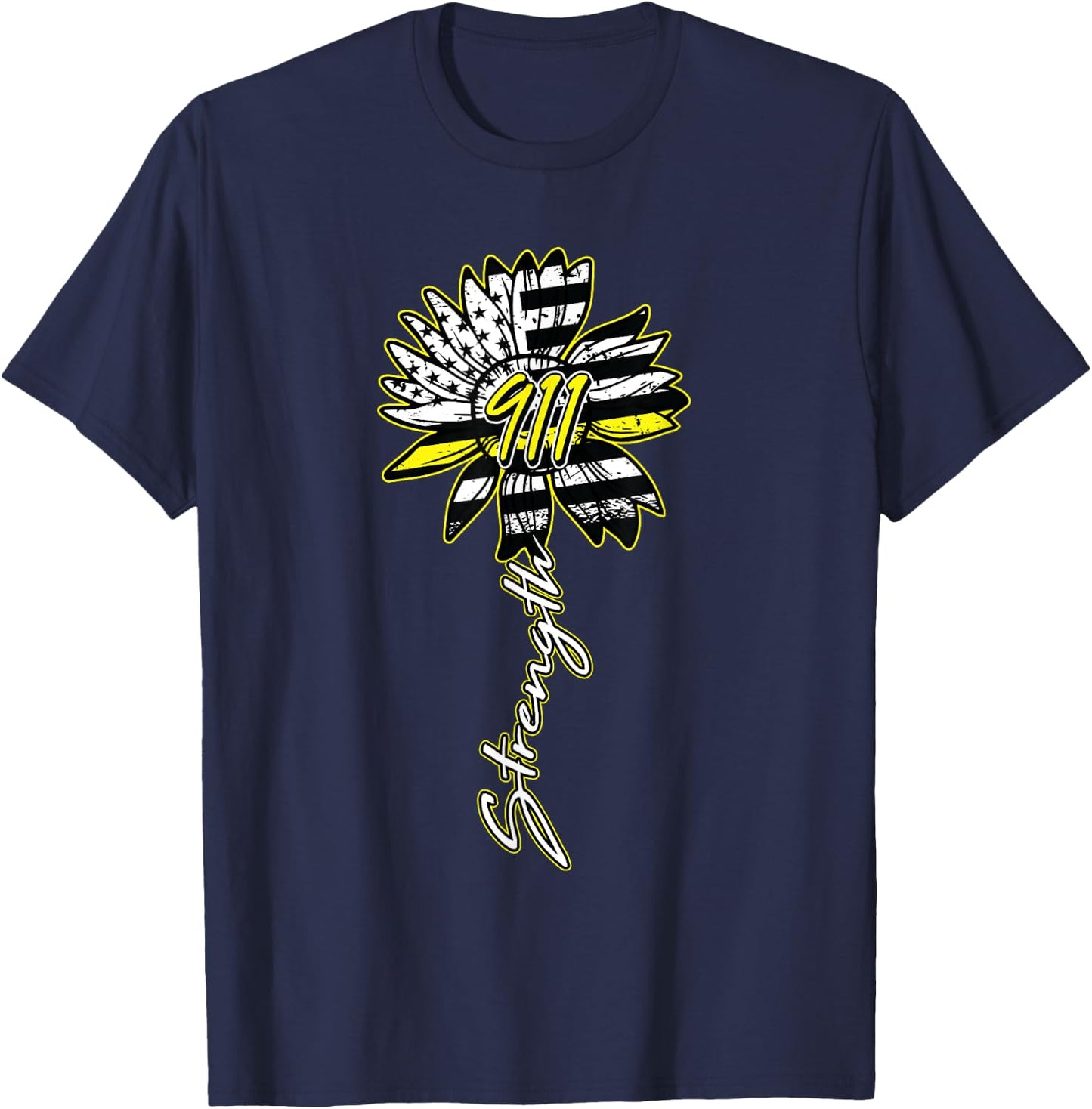 911 Dispatcher American Flag Sunflower Dispatch Operator T-Shirt - T-Shirt | Navy