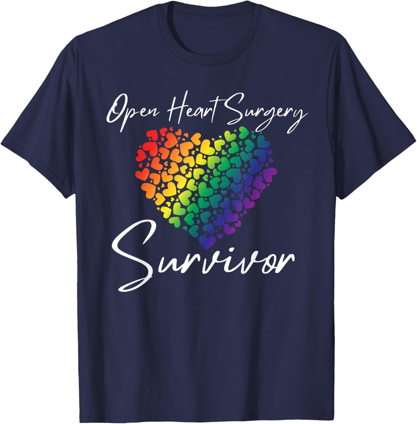 Women's Open Heart Surgery Survivor, Rainbow Hearts T-Shirt - T-Shirt | Navy