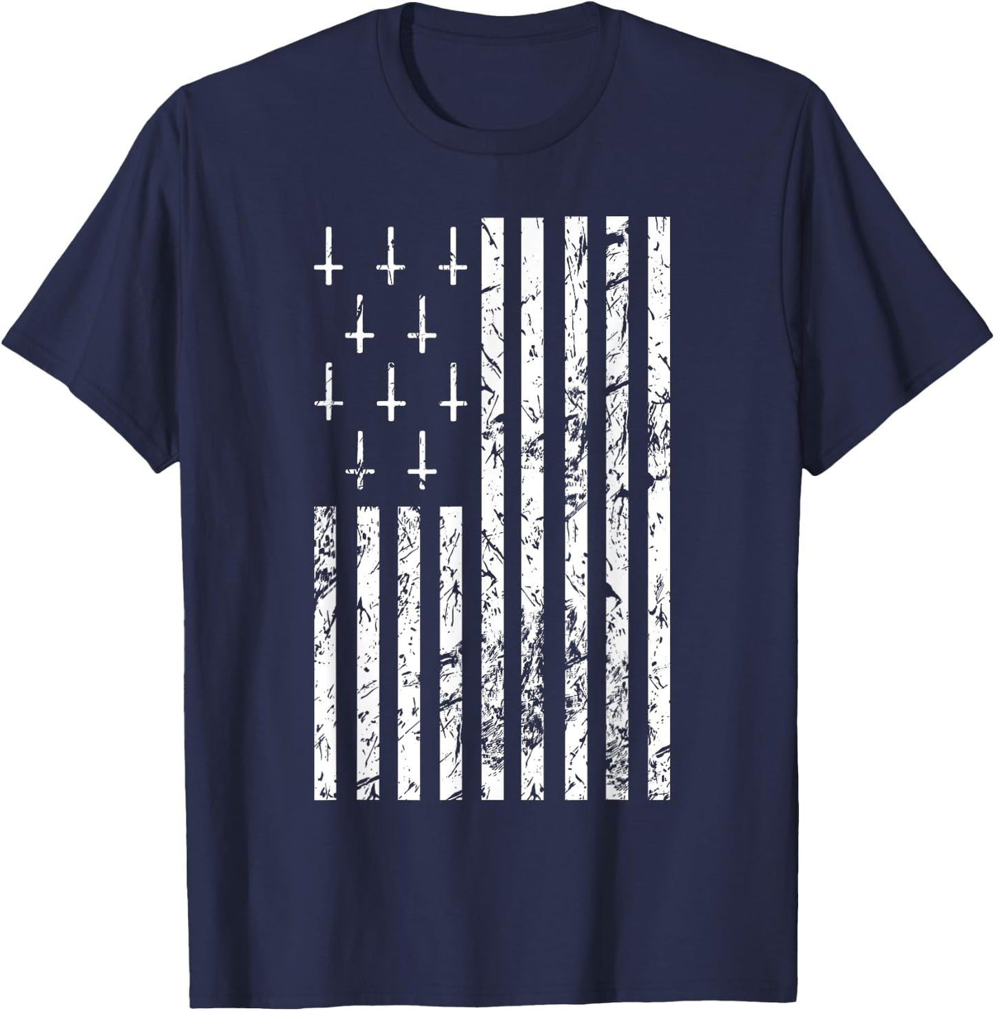 Upside Down Cross Occult Symbol Satanic American Flag T-Shirt - T-Shirt | Navy