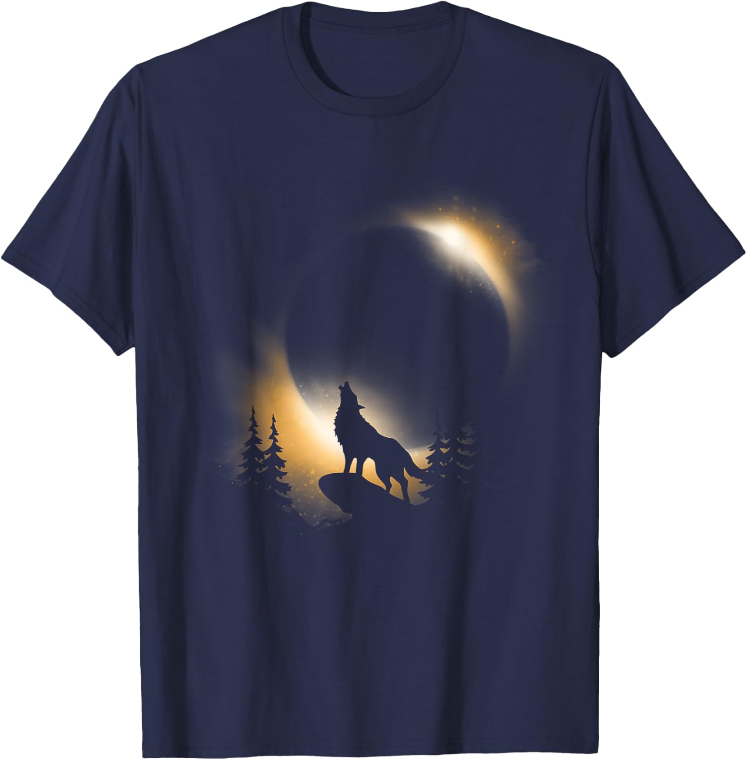 Wolf, Moon and Sun Wolf With Total Solar Eclipse T-Shirt - T-Shirt | Navy