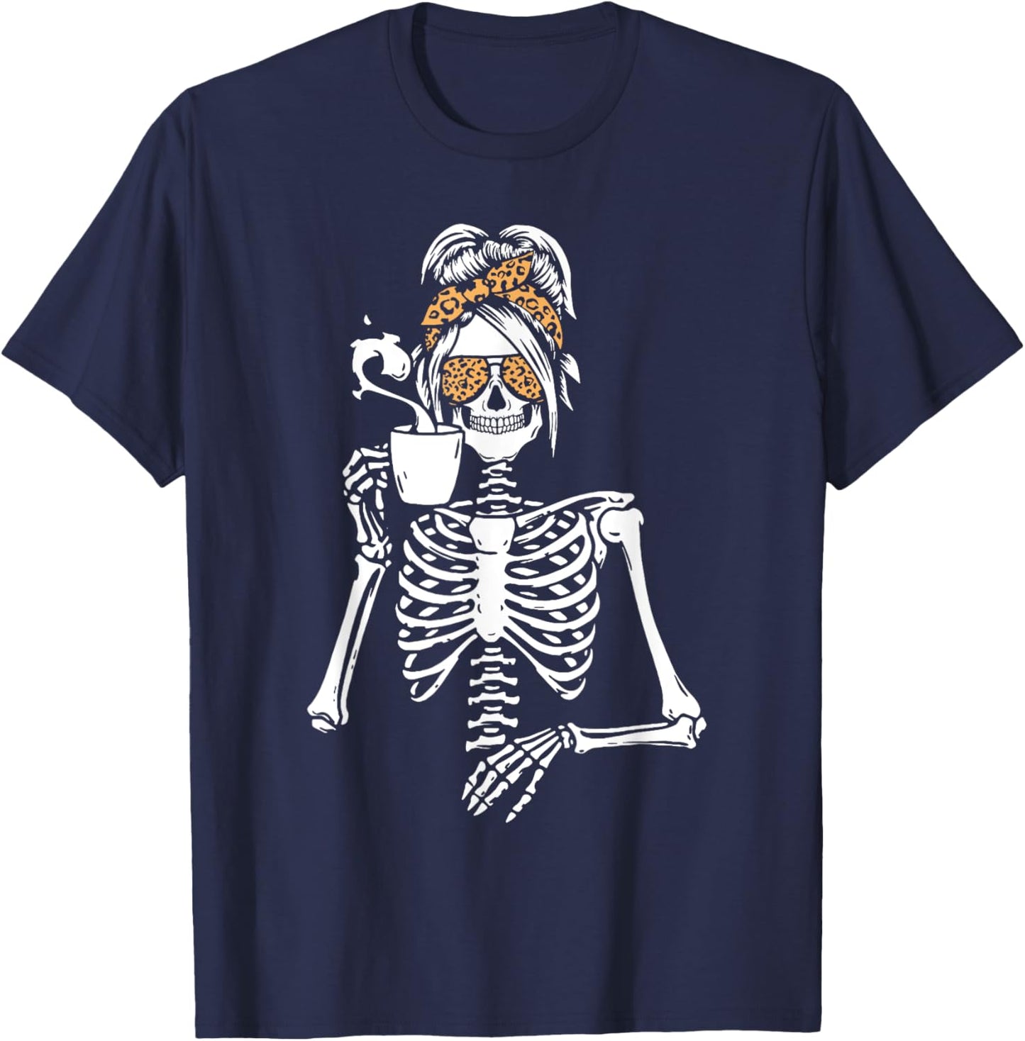 Skeleton Messy Bun Coffee Drinking Halloween Costume Women T-Shirt - T-Shirt | Navy