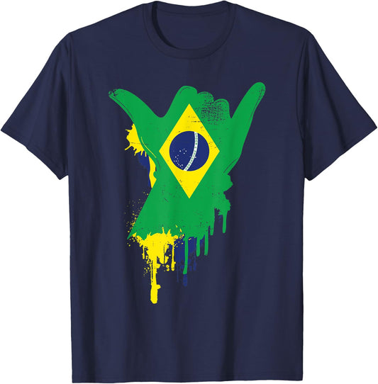 Shaka Sign Vintage Brazil Flag - Surfing & Surf T-Shirt - T-Shirt | Navy