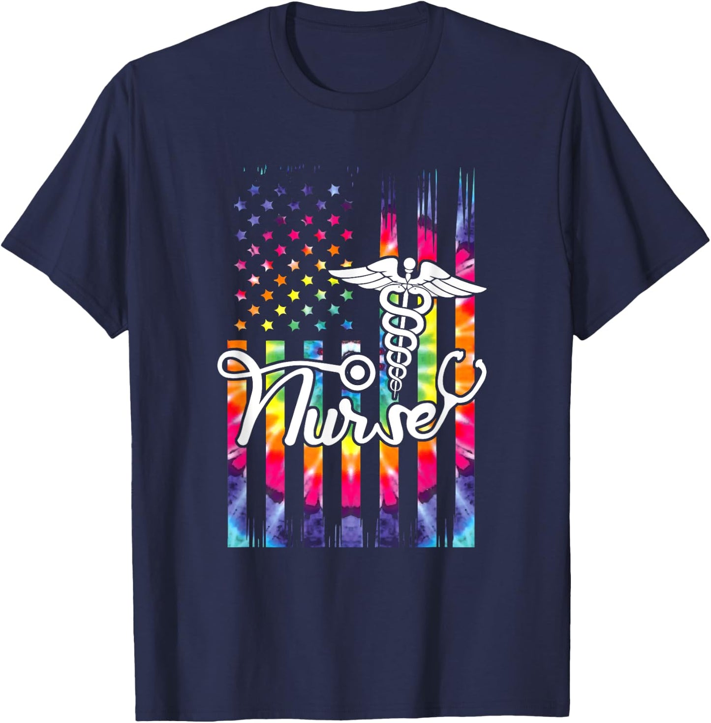 Nurse American Flag US Patriotic Hippie Nursing T-Shirt - T-Shirt | Navy