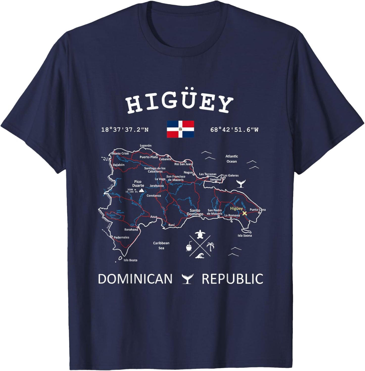 HIGUEY Dominican Republic Flag Travel Map Coordinates T-Shirt - T-Shirt | Navy