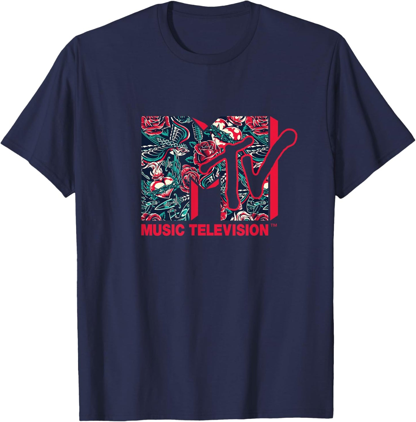 Mademark x MTV - The official MTV Logo - Roses and Tattoo Style T-Shirt - T-Shirt | Navy