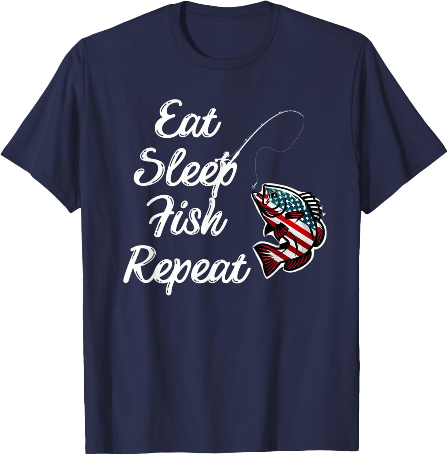 Eat Sleep Fish Repeat fish adorned in the American flag T-Shirt - T-Shirt | Navy