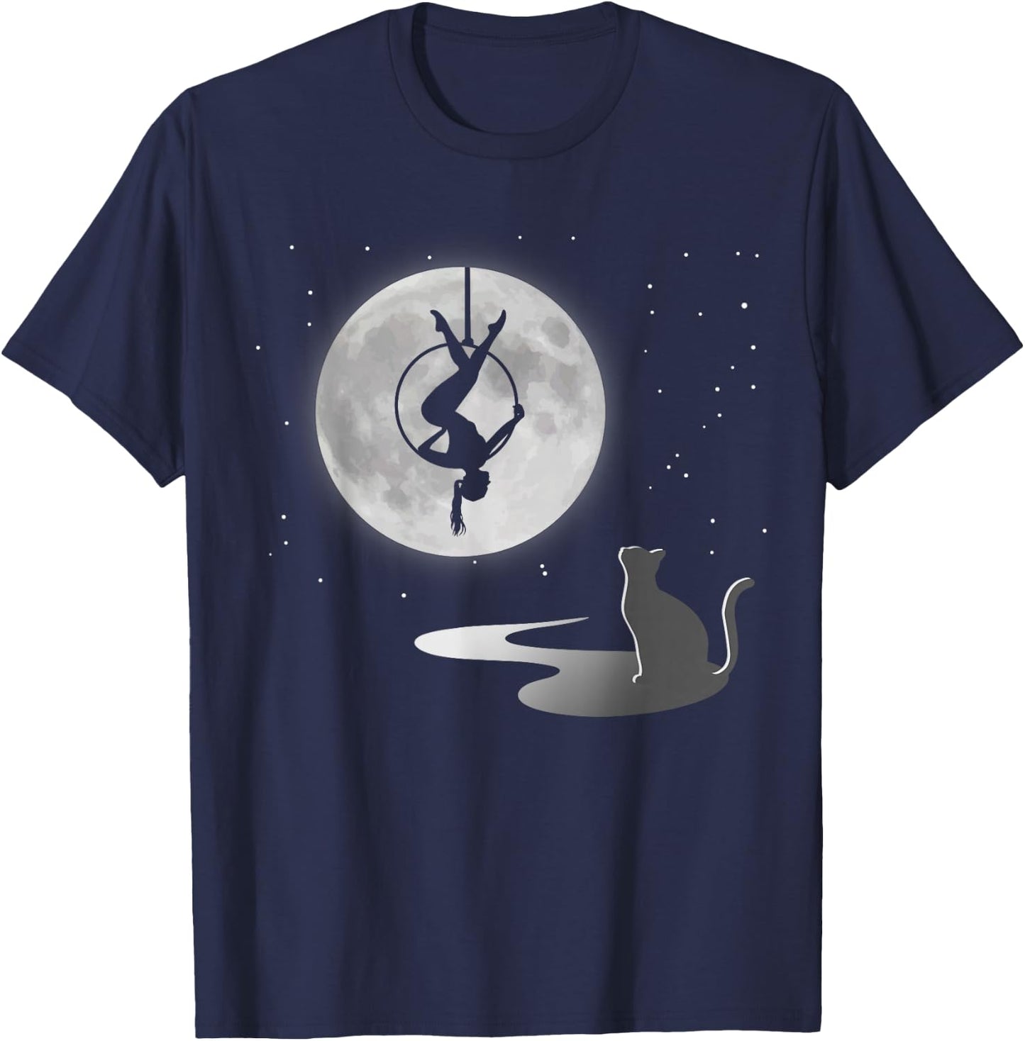 Fly Aerial Yoga Hoop Lyra, Stars Moon Cat Lover, Novelty T-Shirt - T-Shirt | Navy