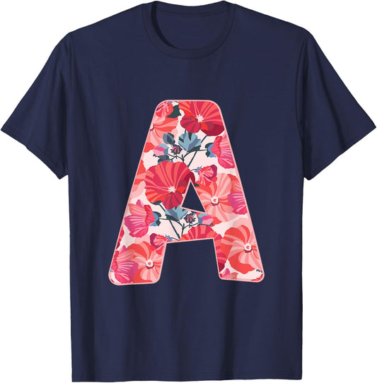Letter a Sign Alphabet Last Name Vowel Flower Nature Gift T-Shirt - T-Shirt | Navy