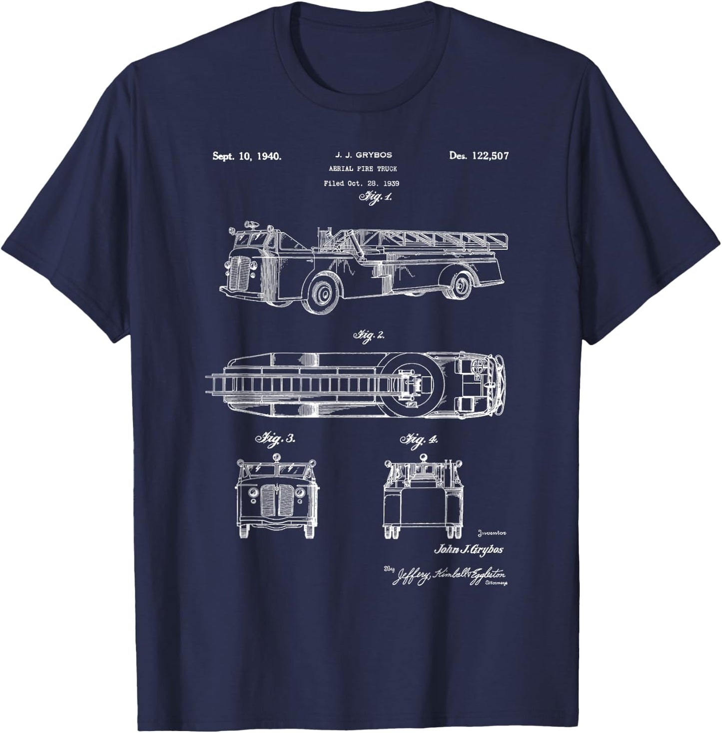 Vintage Patent Fire Truck Retro Blueprint Firefighter Gift T-Shirt - T-Shirt | Navy
