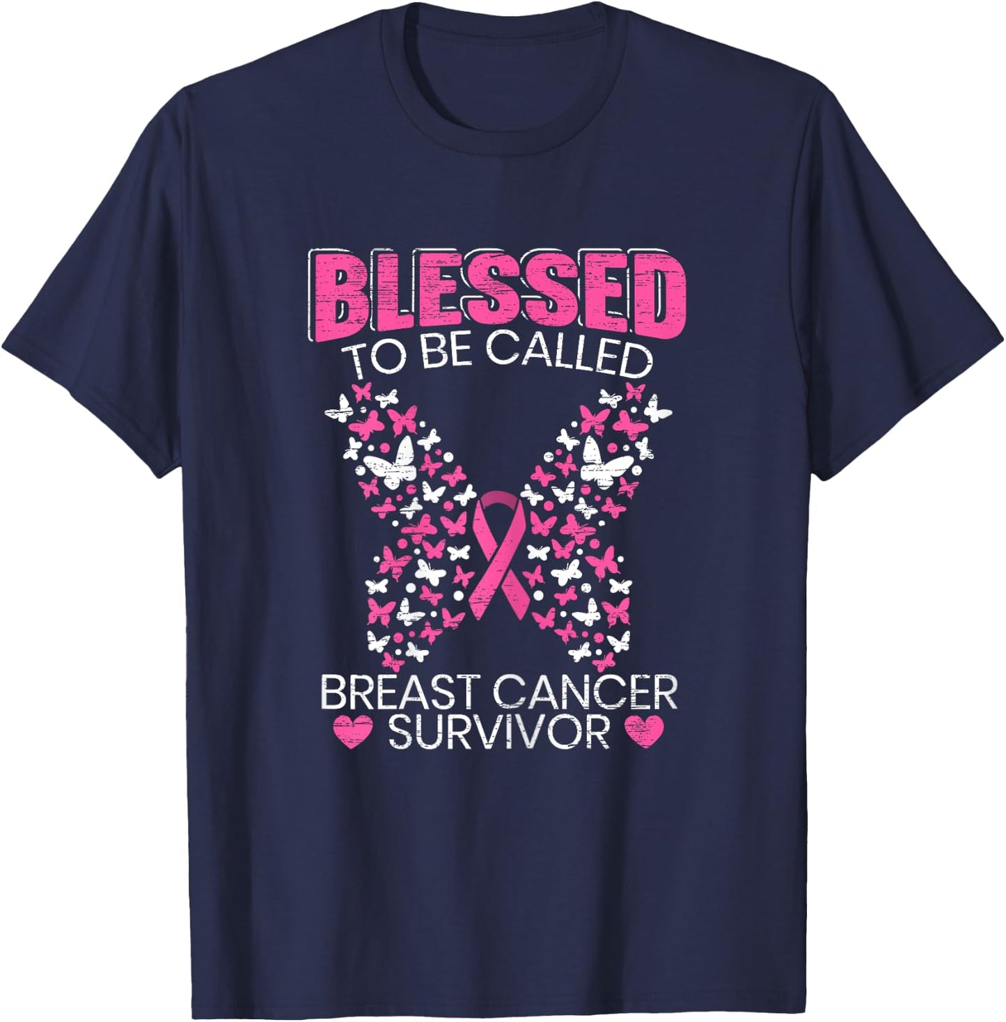 Blessed To Be Called Breast Cancer Survivor Pink Butterfly T-Shirt - T-Shirt | Navy